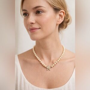 Monet Faux Pearl Necklace w/ Crystal Flower Pendant 16” + 2” Extender